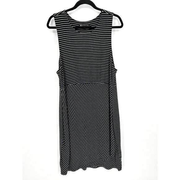 ATHLETA Black White Striped La Palma Sleeveless Stretch Bodycon Mini Dress XL - Picture 2 of 7